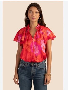 Trina Turk Red and Pink Floral Ruffle Tie-Neck Blouse